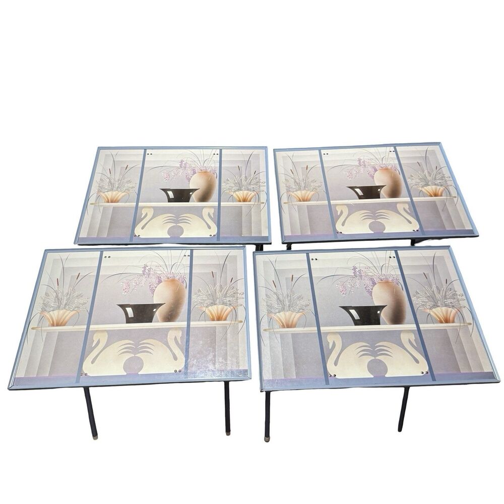 4 Unbranded TV Trays Folding With Stand Vintage Swan 70s 80s Decor Blue